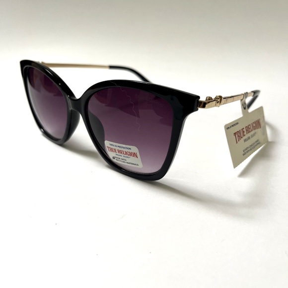 New Original TRUE RELIGION Cat Eye Sunglasses Acetate Black Metal Logo Gold XXX - Picture 1 of 6